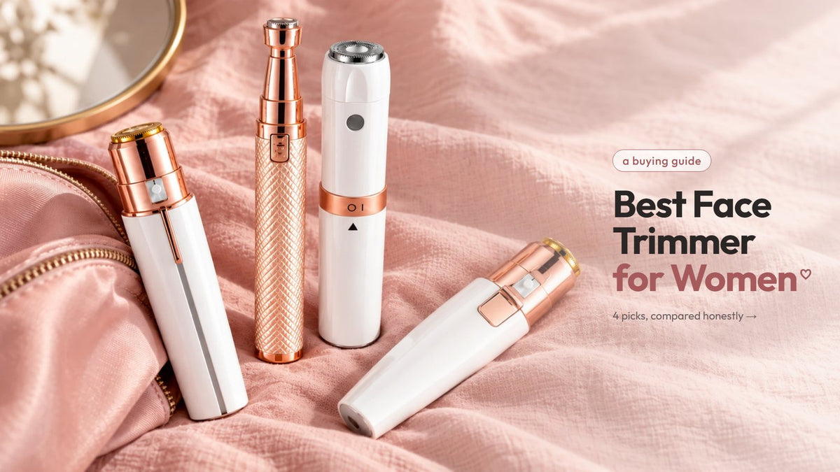 Four VIFERA face trimmers on a pink marble plinth: the Facial Hair Remover, the gold 2-in-1, the grooming pen and the white 2-in-1