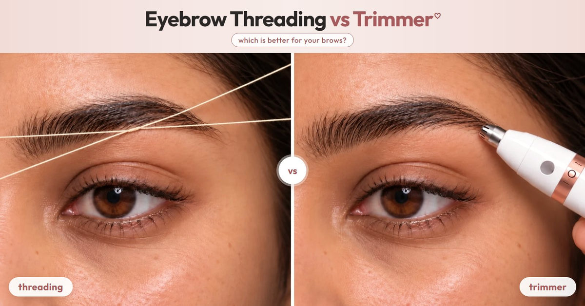 Eyebrow threading next to an eyebrow trimmer, close up
