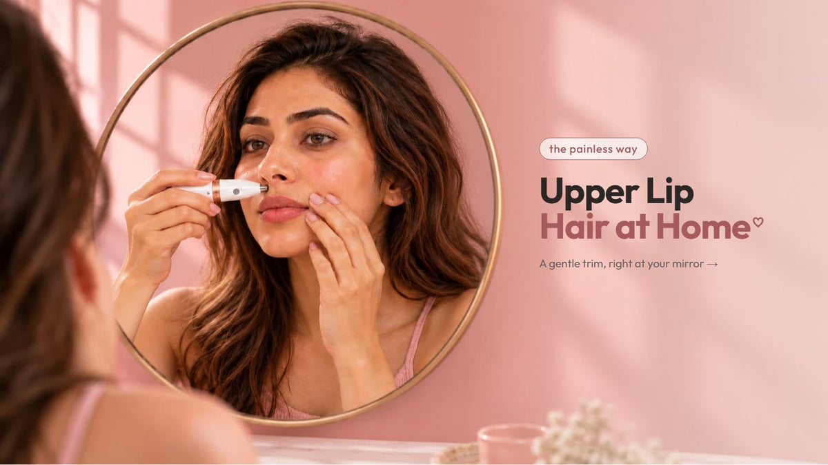 A close-up of a woman gliding the VIFERA Facial Hair Remover over her upper lip