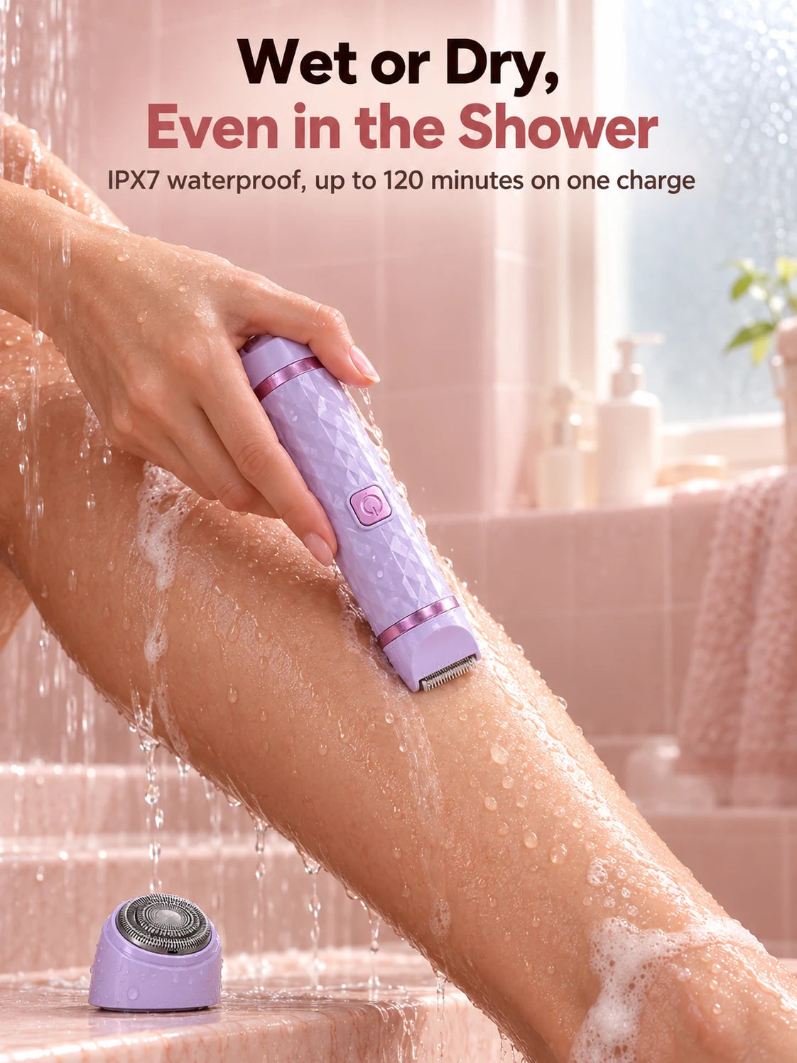 The purple bikini trimmer used on a wet leg in the shower, its spare shaving head beside it