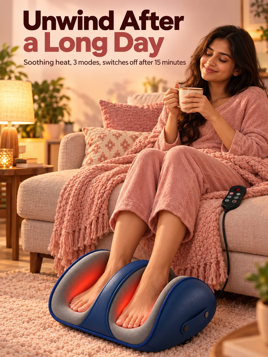 A woman with chai relaxing on the sofa, her feet warming in the navy shiatsu massager