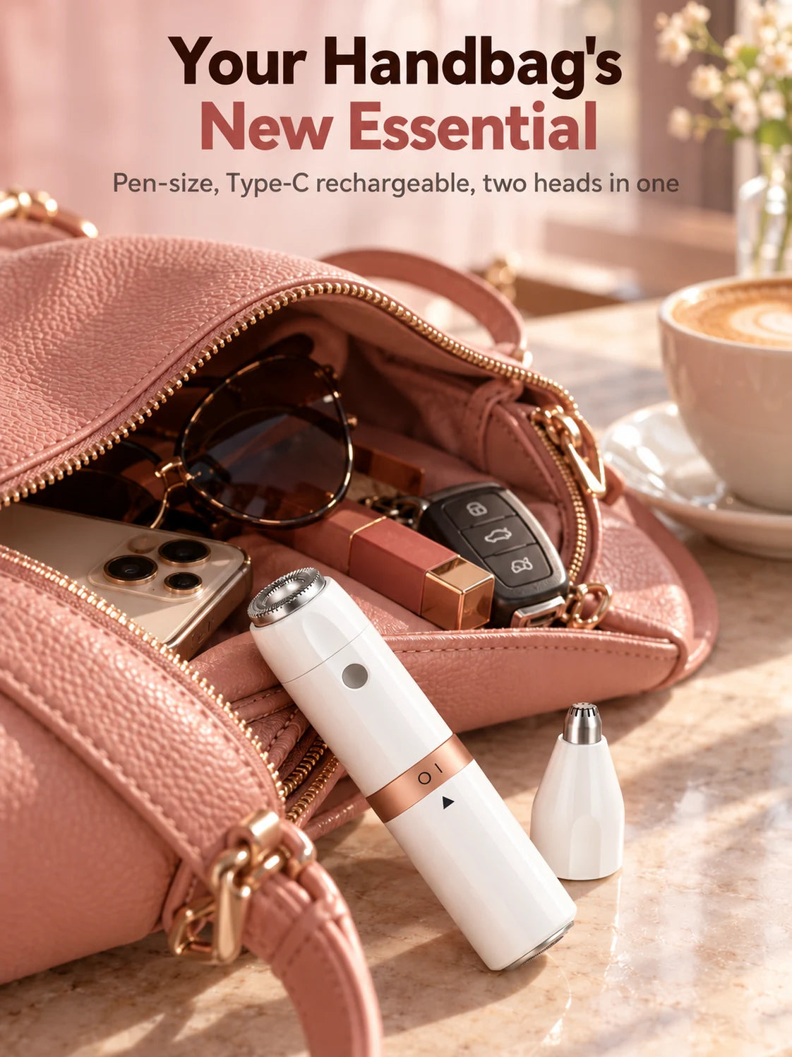 The white grooming pen and its eyebrow head at the opening of a pink handbag