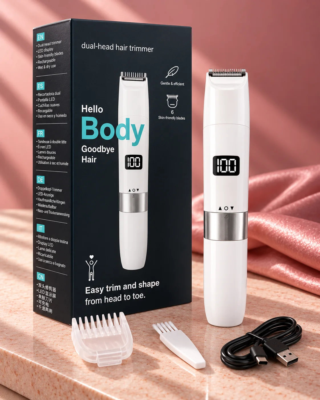 The face and body trimmer beside its box and accessories