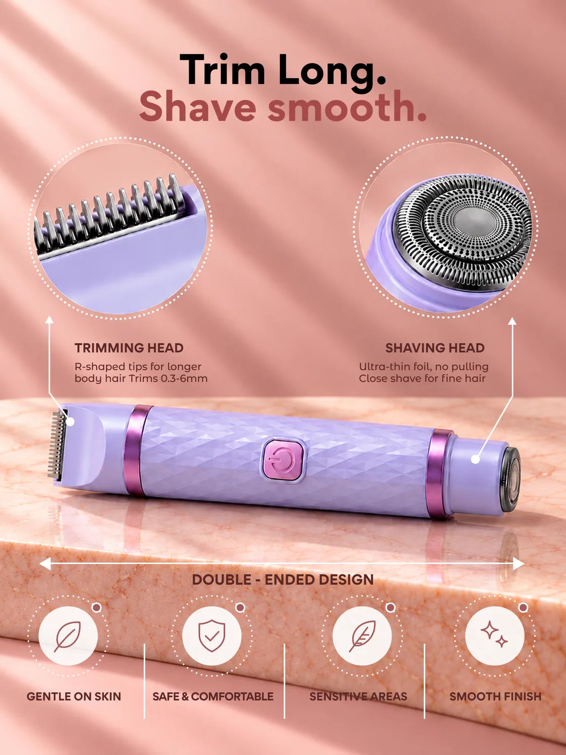 The purple bikini trimmer and shaver: a trimming head for longer hair at one end, a shaving head for a close shave at the other