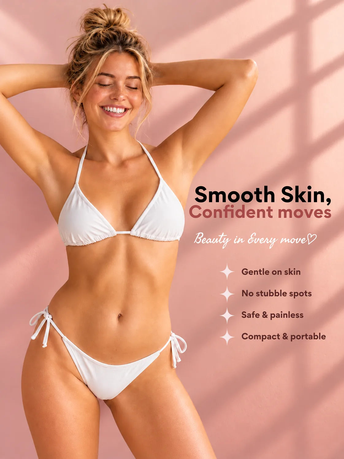 A smiling woman in a white bikini with smooth skin