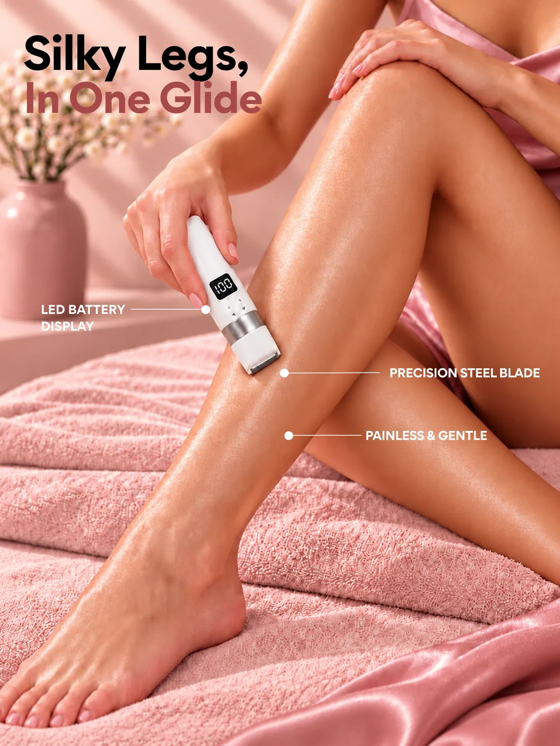 Trimming the legs with the face and body trimmer, its battery display lit