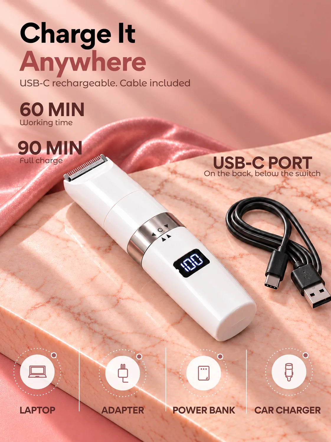 The face and body trimmer with its USB-C cable: it charges from a laptop, an adapter, a power bank or a car charger