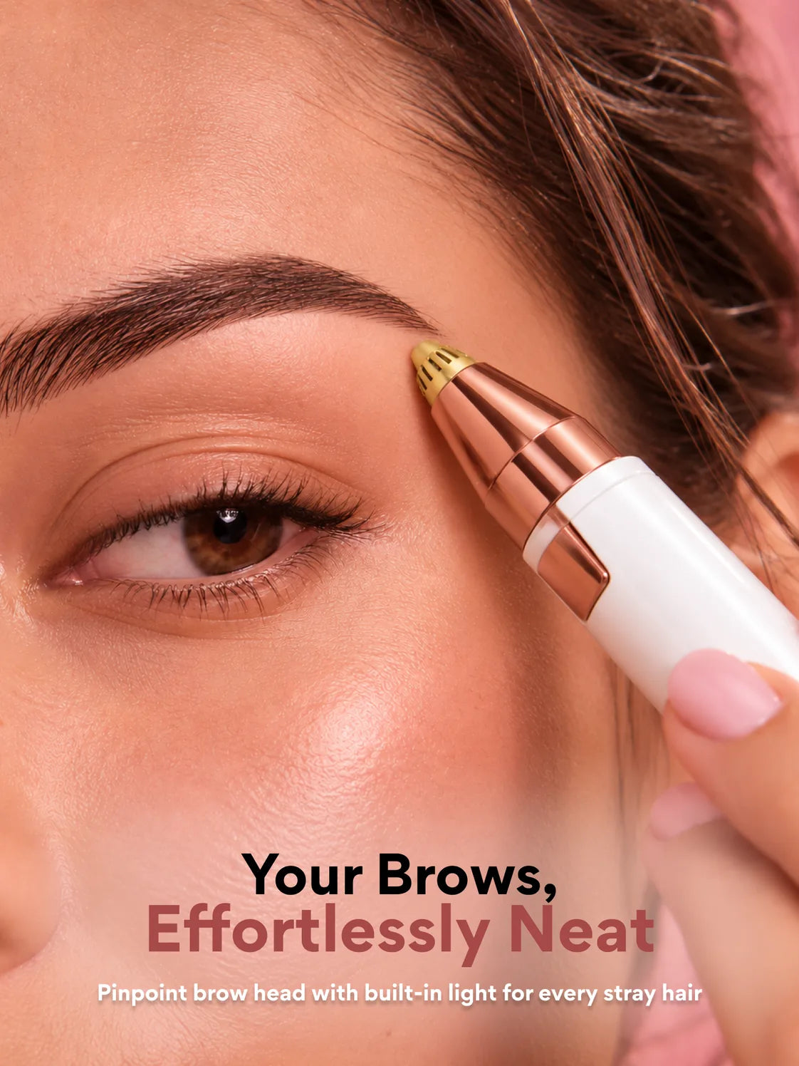 Shaping the edge of an eyebrow with the 2-in-1 trimmer's slim tip