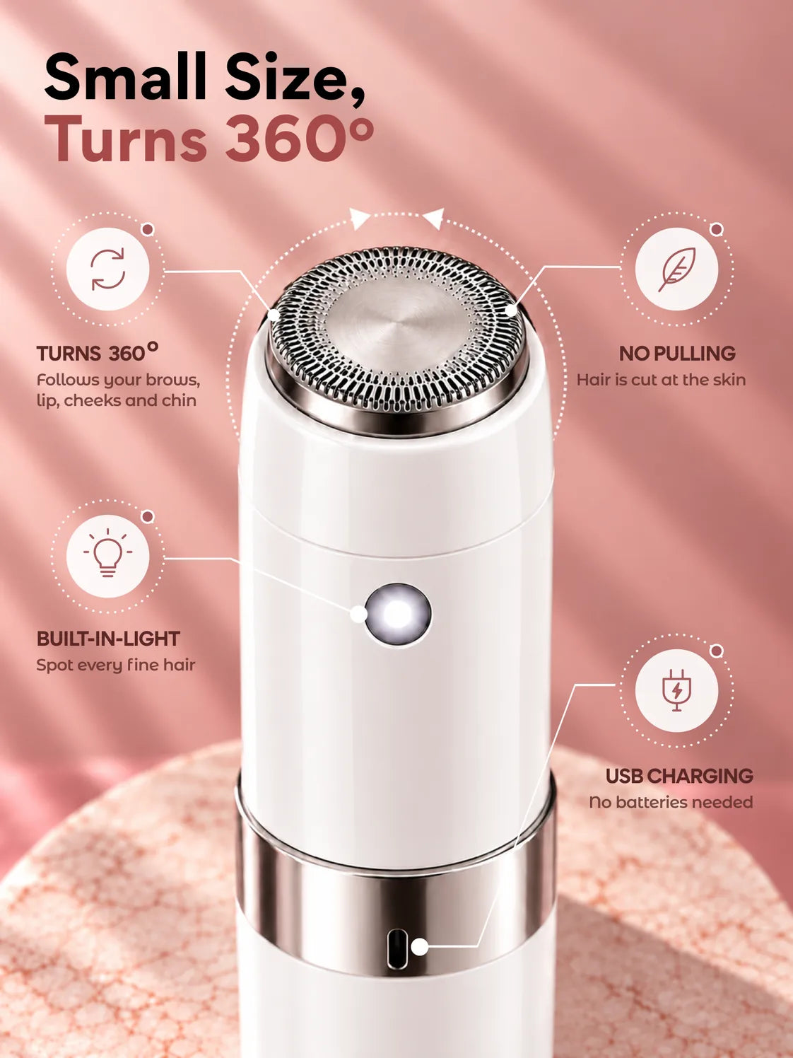 The Mini Hair Remover's round head up close: turns 360°, built-in light, no pulling, USB charging