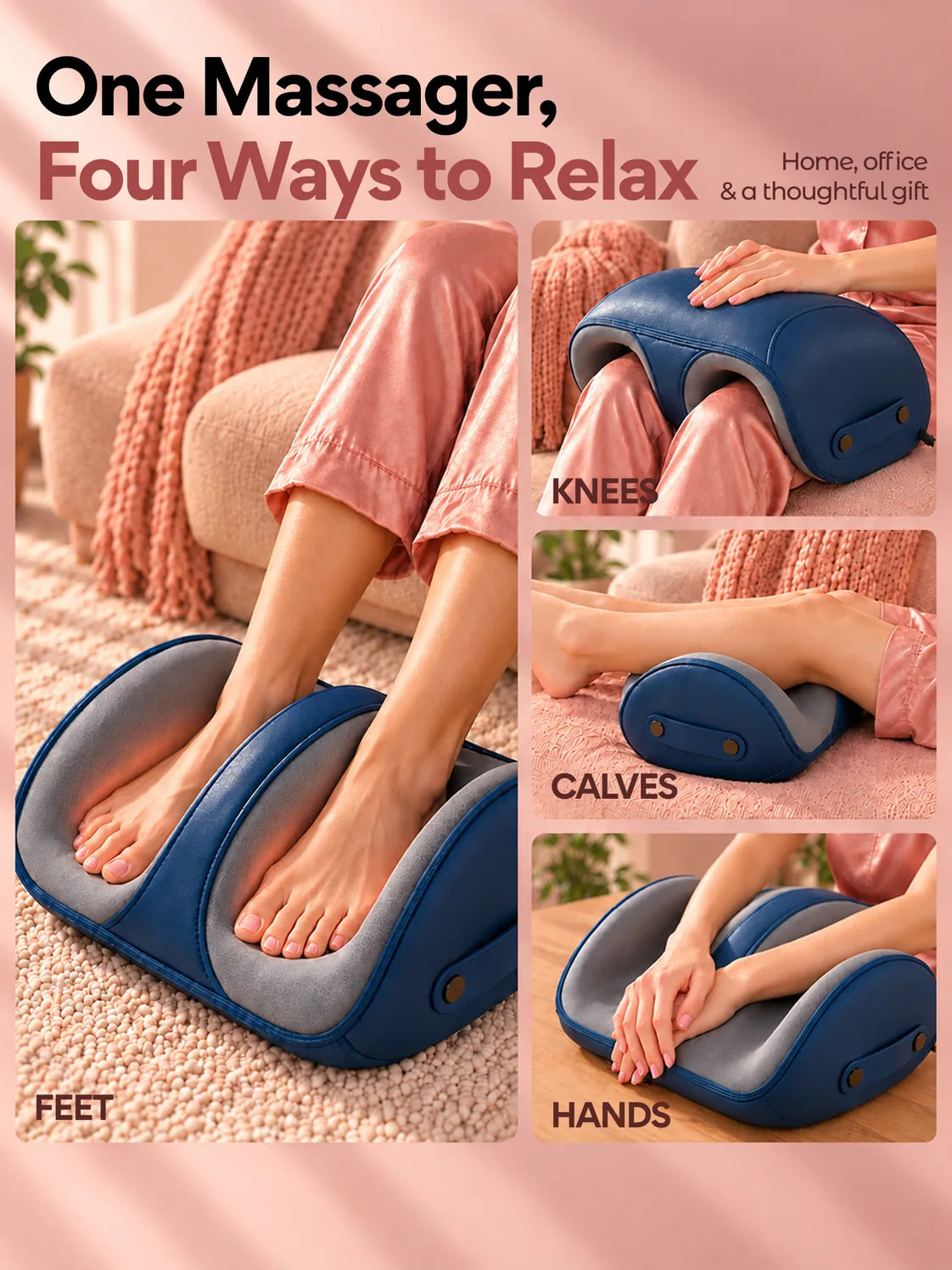 The shiatsu massager used on the feet, the knees, the calves and the hands