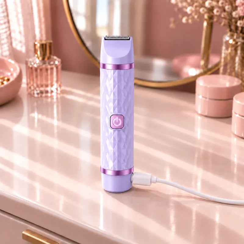 The purple bikini trimmer charging by cable on a vanity