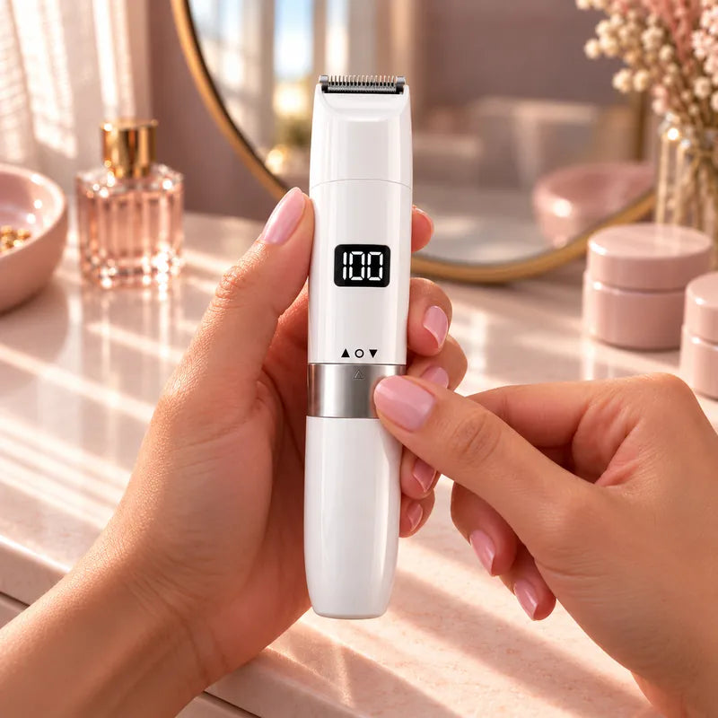 Turning the face and body trimmer's silver ring, its display showing the battery left