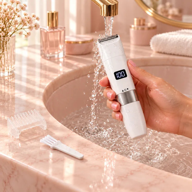 Rinsing the face and body trimmer's blade under the tap, the comb and brush on the counter