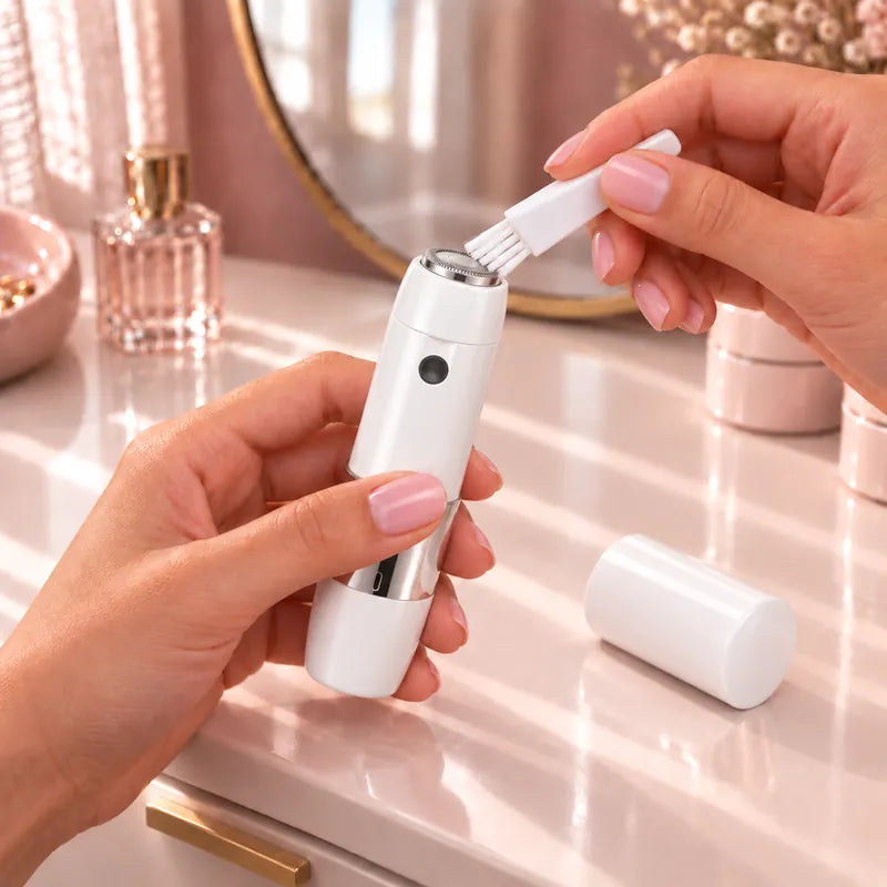 Brushing the mini hair remover's round head clean, the cap on the counter
