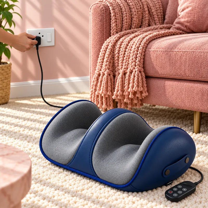 Plugging in the shiatsu foot massager by the sofa