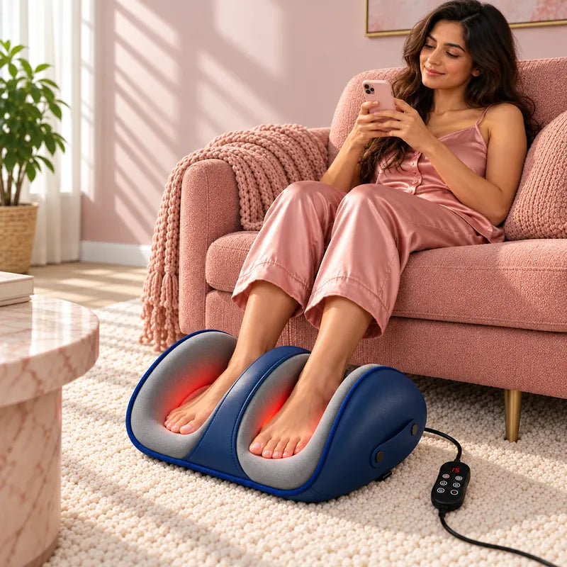 Relaxing on the sofa with feet in the shiatsu foot massager, its heat glowing