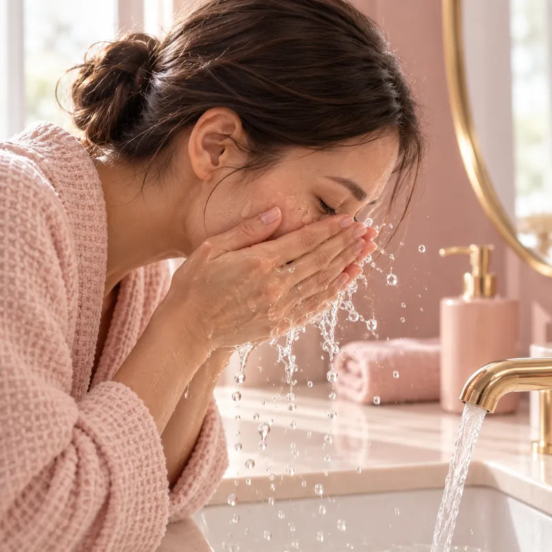 Washing the face at a bathroom sink before trimming
