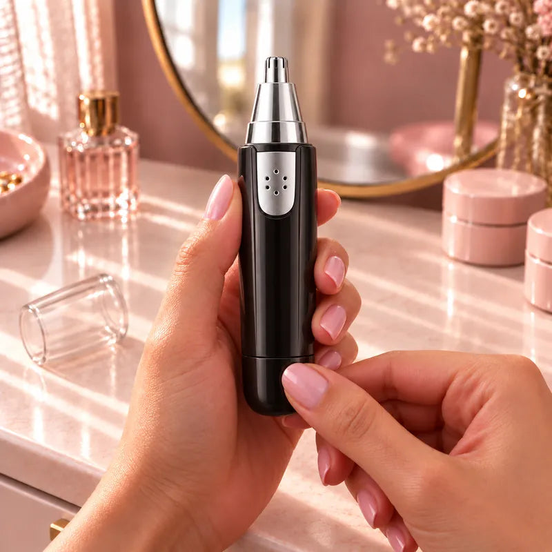Switching on the nose, ear and brow trimmer, its clear cap on the counter