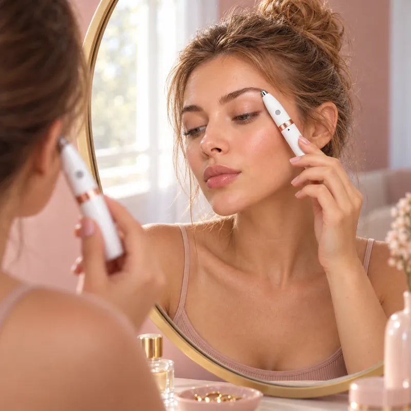 Tracing the edge of an eyebrow with the grooming pen's slim head in front of a round mirror