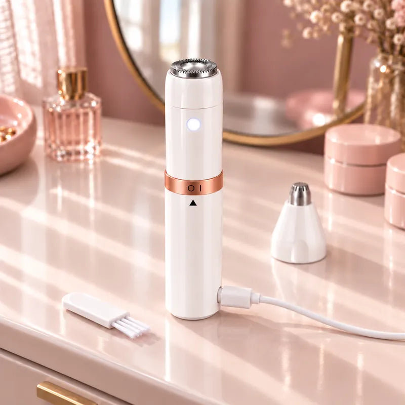 The grooming pen charging by cable on a vanity, the cleaning brush and slim head beside it