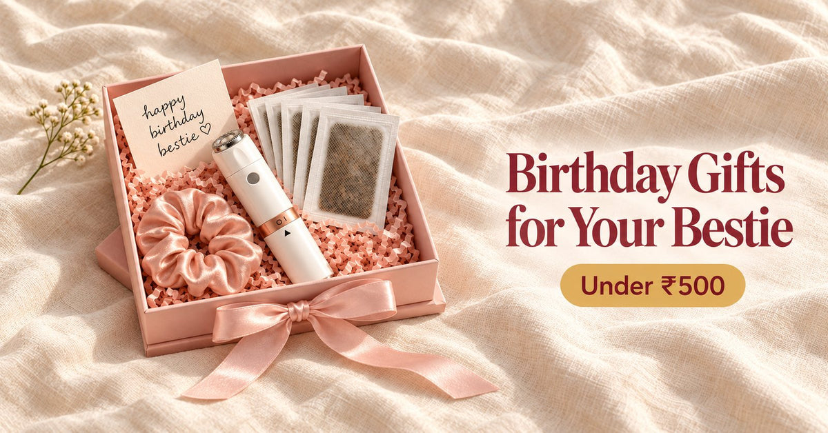 A birthday gift box with a VIFERA facial hair remover, foot patches and a happy birthday bestie card