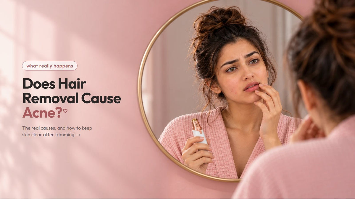A woman lightly touching her jawline, a white VIFERA face trimmer and a face wash bottle on the counter beside her