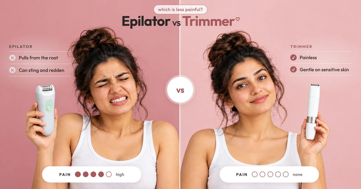 Epilator vs trimmer: a woman wincing with an epilator and smiling with a VIFERA trimmer