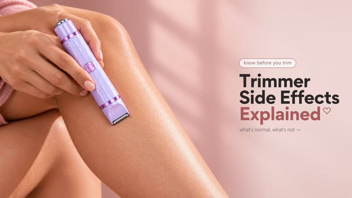 The white VIFERA 2-in-1 trimmer and its eyebrow tip on a rose-gold tray beside a moisturiser and a cleaning brush