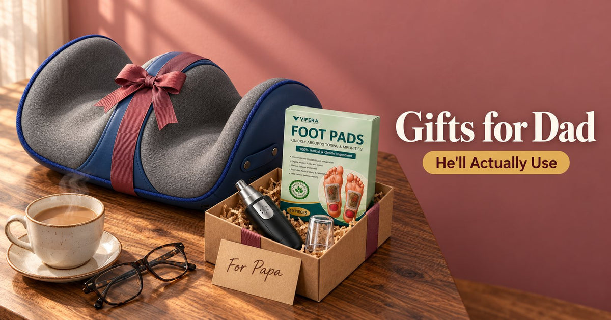 The VIFERA foot massager with a ribbon, a nose trimmer and foot patches as gifts for dad