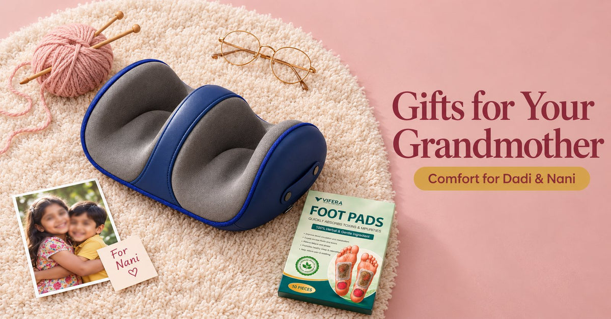 The VIFERA foot massager, foot patches and a family photo as gifts for grandmother