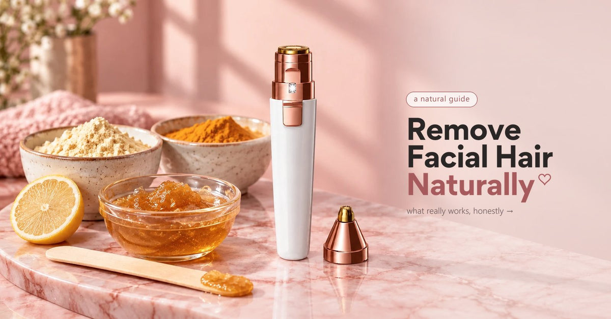Besan, turmeric, sugar wax and half a lemon on pink marble beside the white VIFERA 2-in-1 trimmer and its eyebrow tip