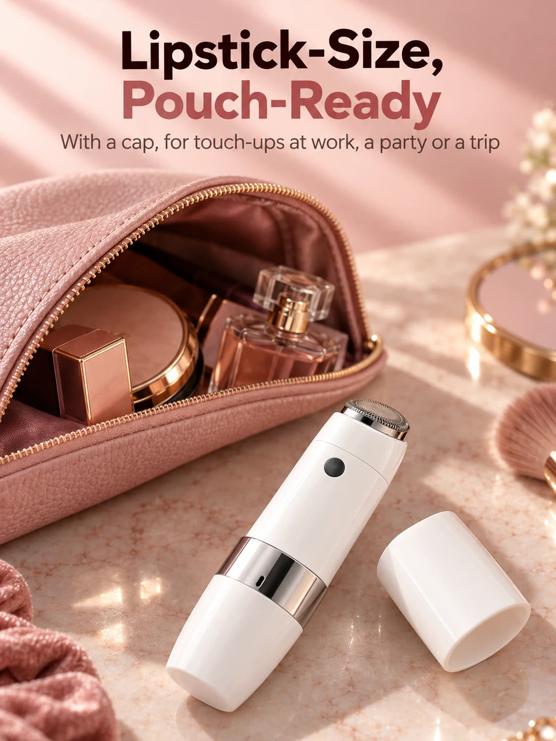 The Mini Hair Remover in an open make-up pouch beside a lipstick, with its cap