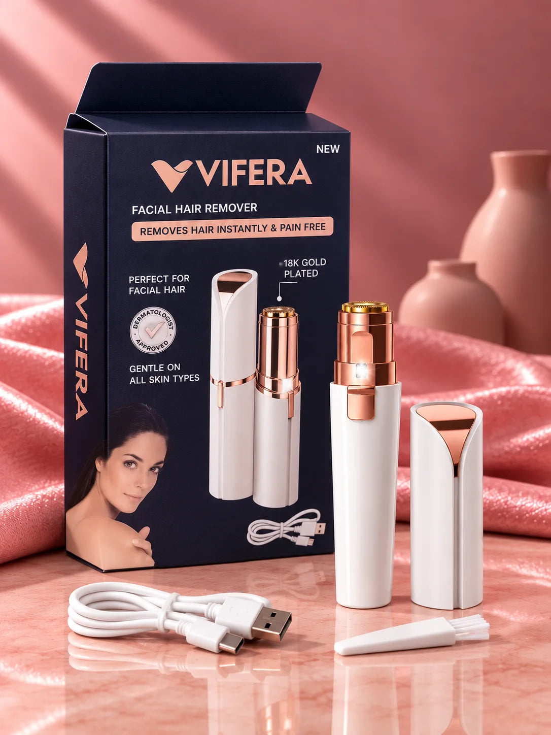 The facial hair remover with its box and cable