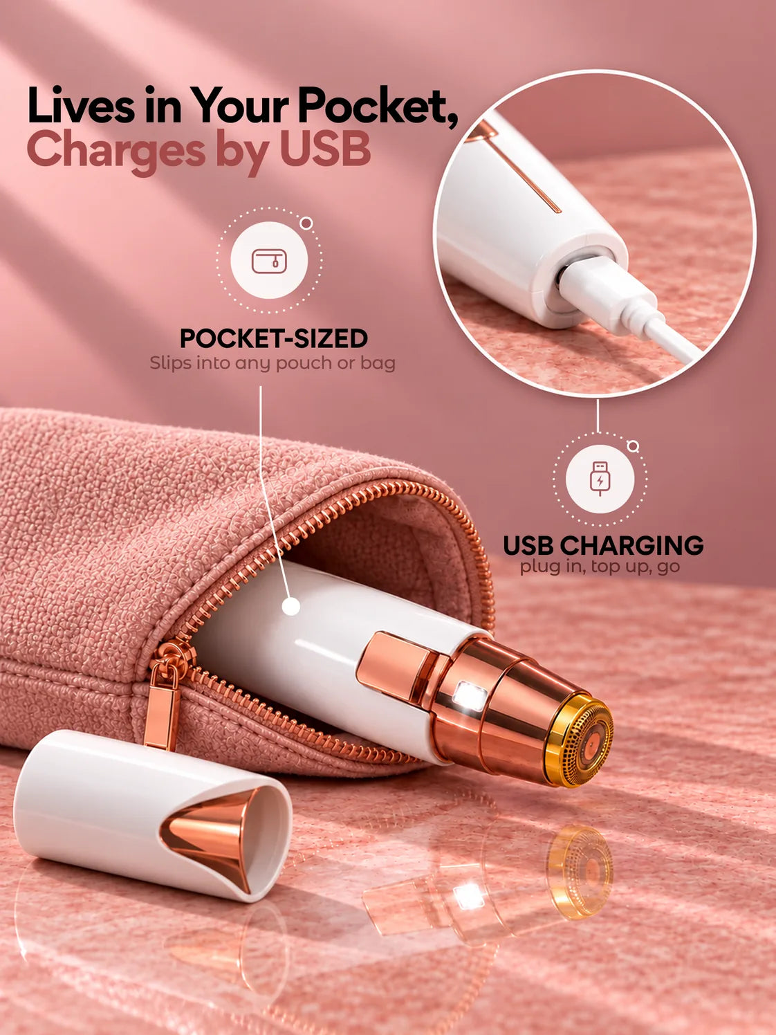 The 2-in-1 trimmer slipping into a blush pouch, and its USB charging port up close