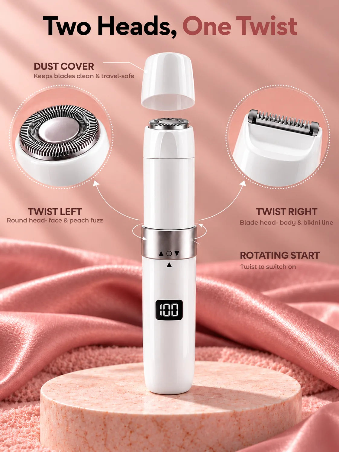 The face and body trimmer's two heads: twist left for the round face head, right for the body head