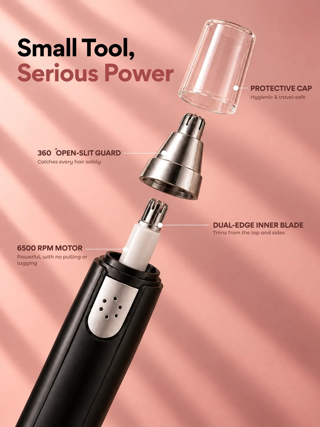 The 3-in-1 trimmer's parts: clear cap, open-slit guard and dual-edge blade