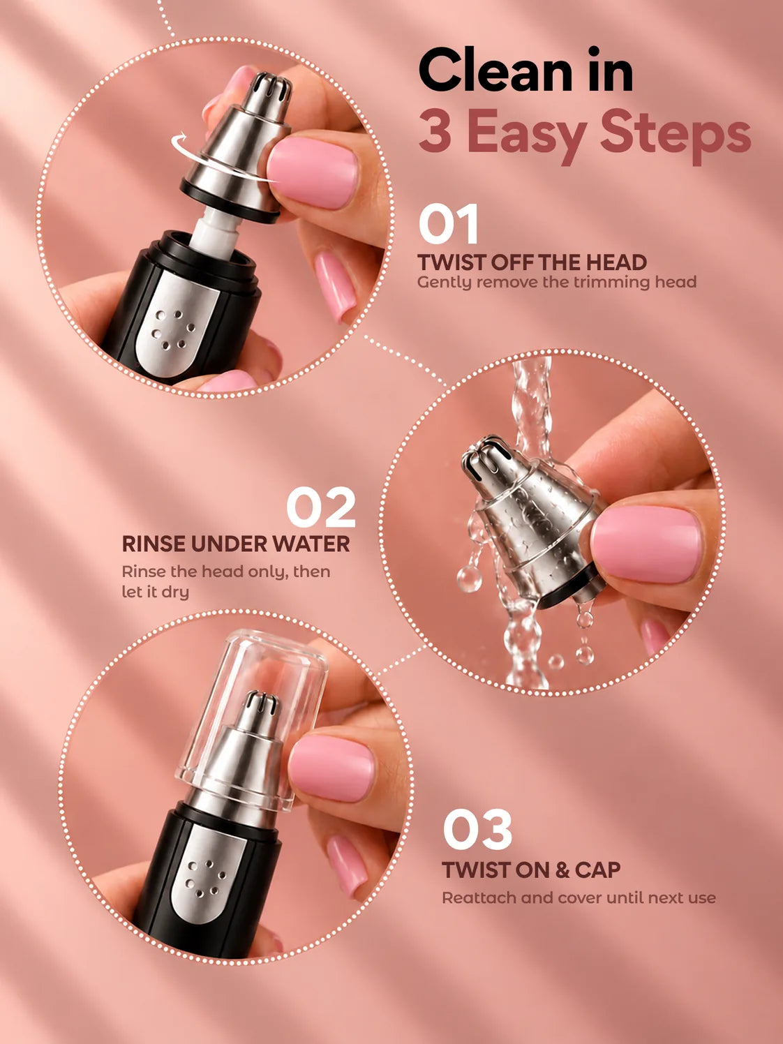 Cleaning the 3-in-1 trimmer in 3 steps: twist off the head, rinse it, put the cap back on