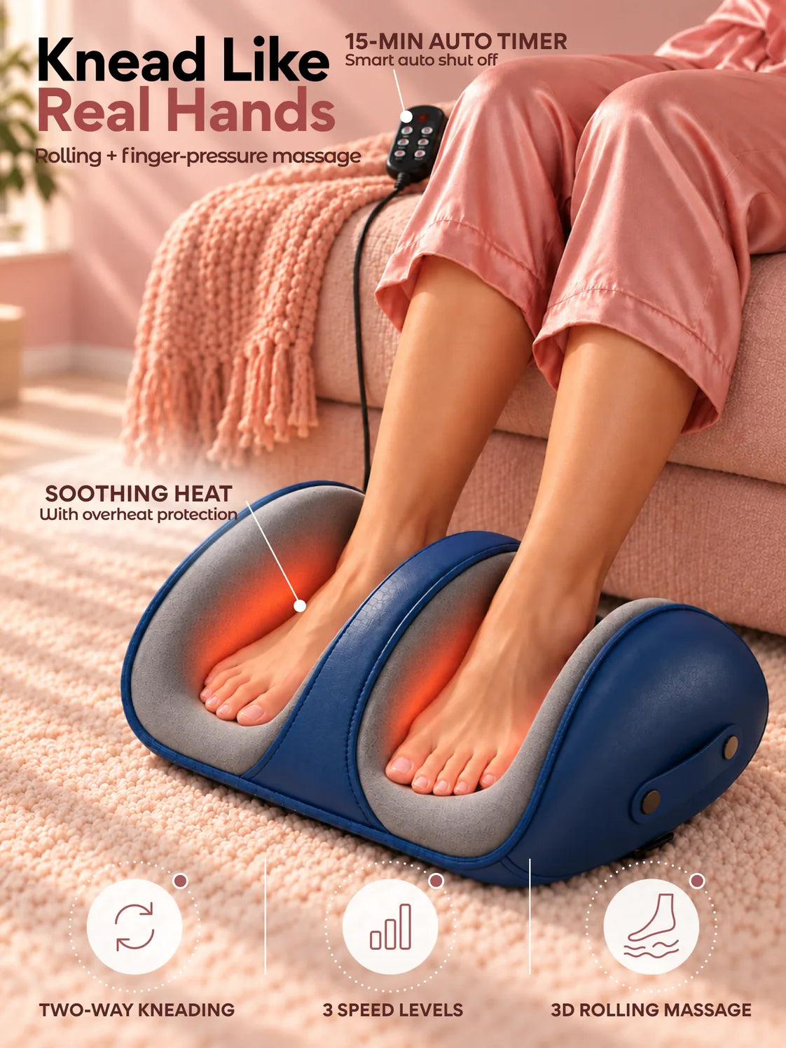 Feet warming in the shiatsu foot massager, its remote beside them