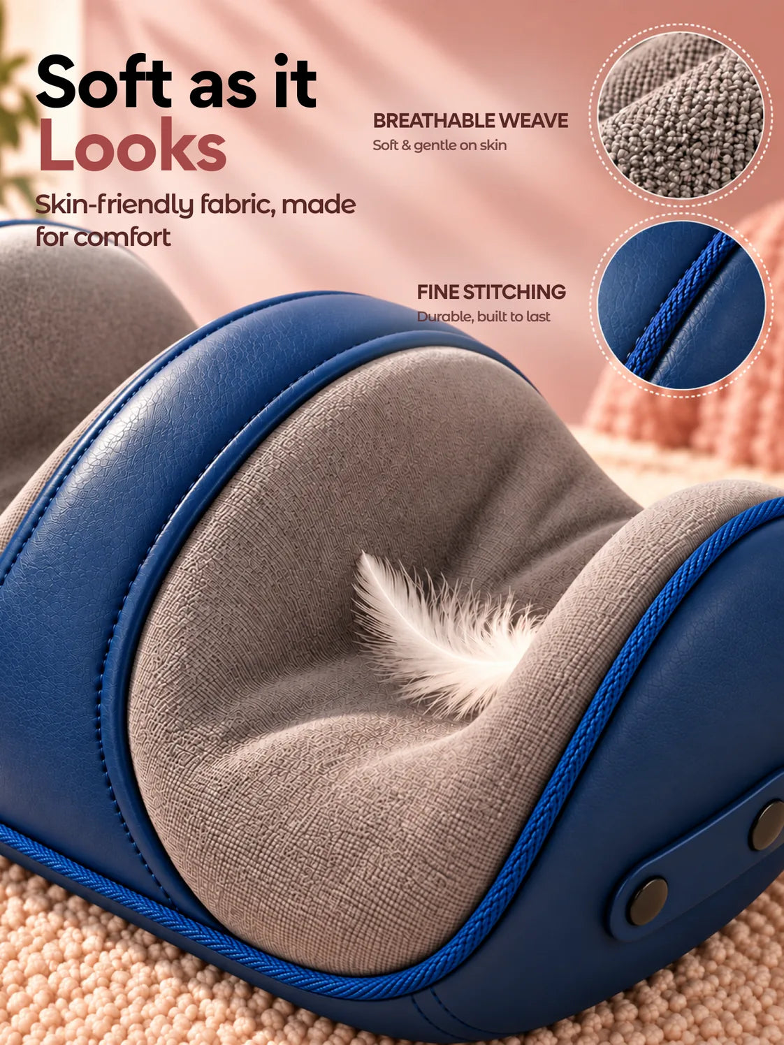 The massager's soft, breathable fabric and fine stitching up close