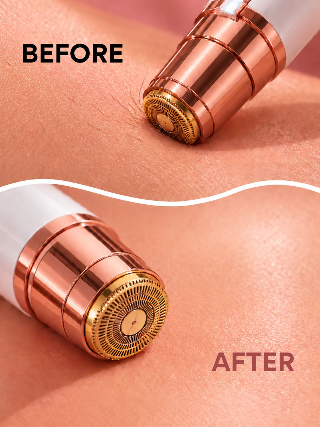 The facial hair remover's rose-gold head on the skin, before and after