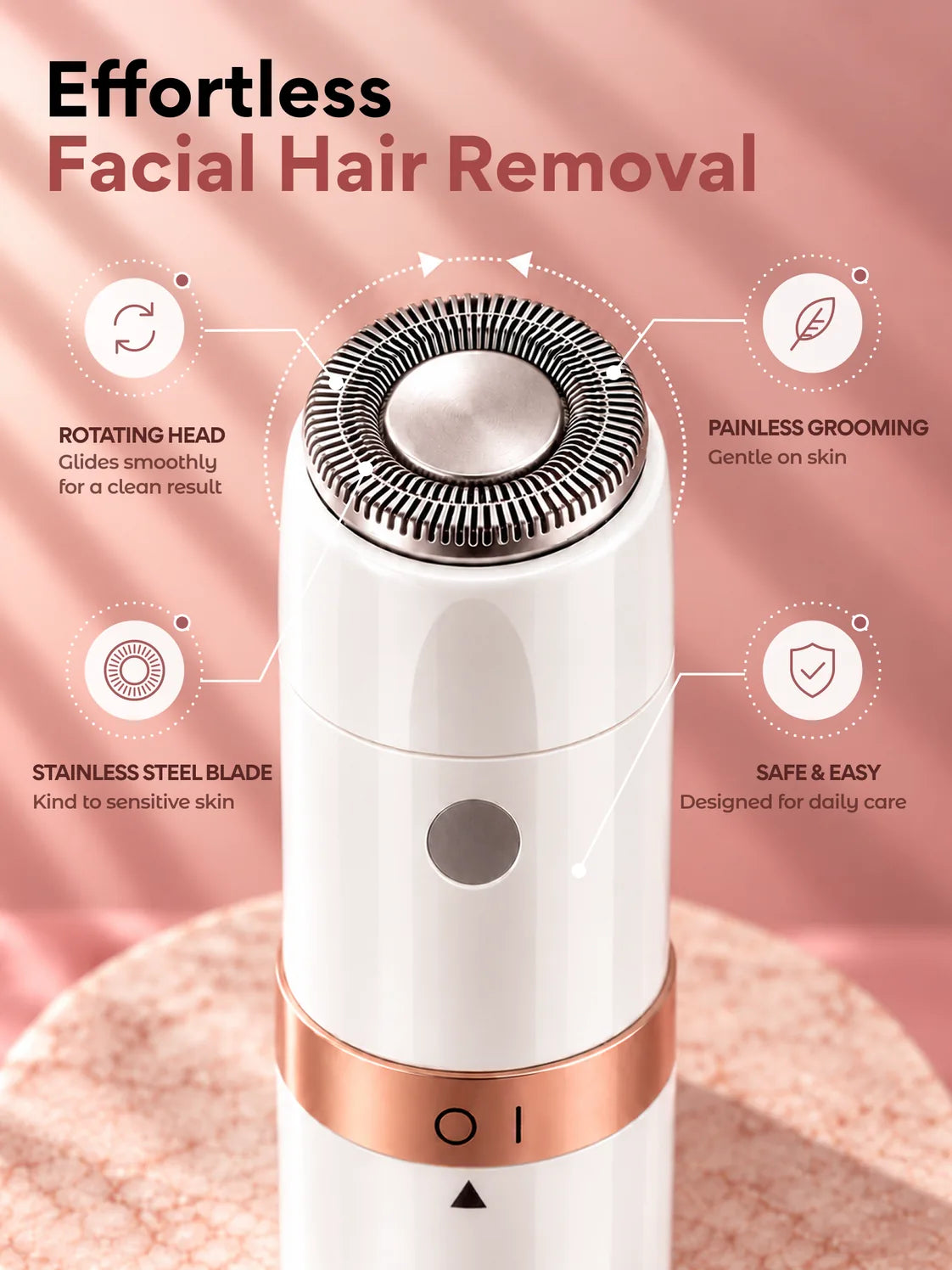 The grooming pen's round facial head up close, with its stainless steel blade