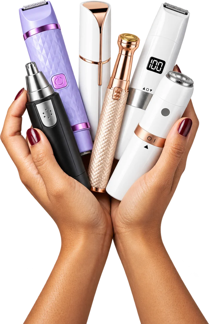 Two hands holding the VIFERA range: the bikini, face and body, nose, facial hair remover, 2-in-1 and mini trimmers