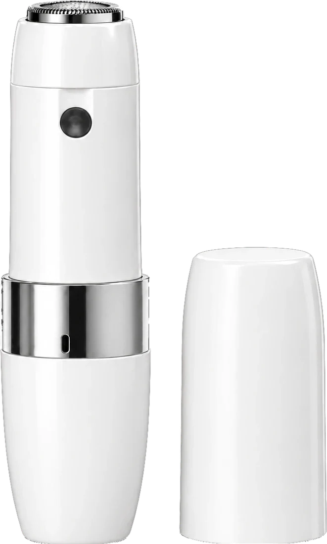 VIFERA Mini Hair Remover, a lipstick-size facial hair remover, with its cap beside it