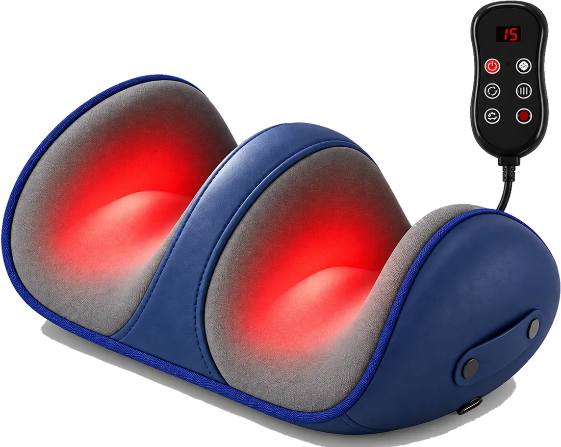 VIFERA shiatsu foot massager with heat in navy, with its wired remote