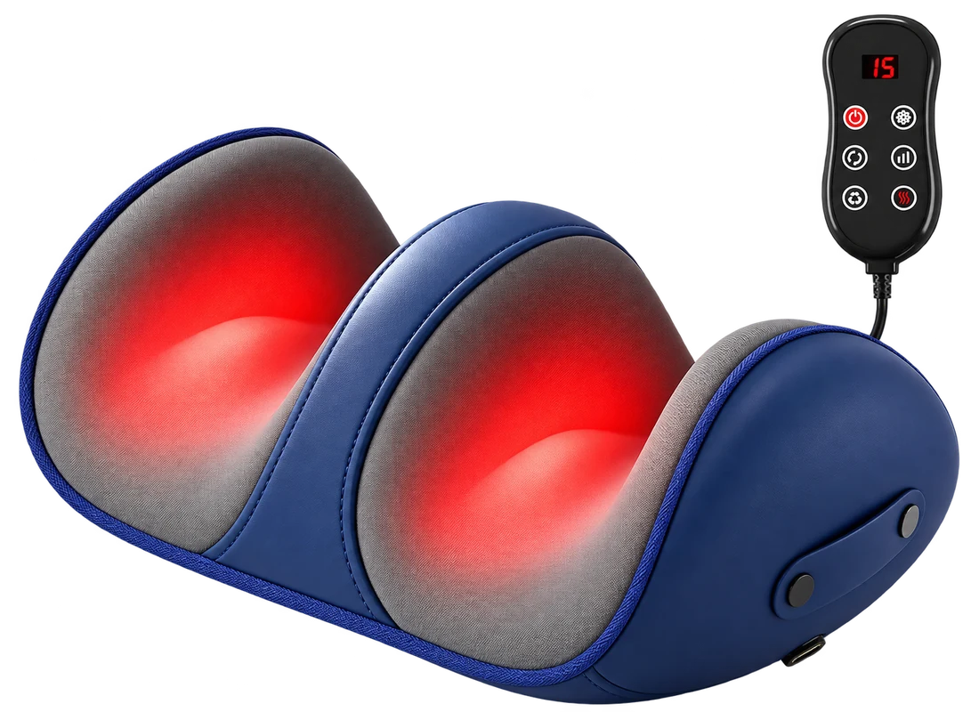 VIFERA shiatsu foot massager with heat in navy, with its wired remote