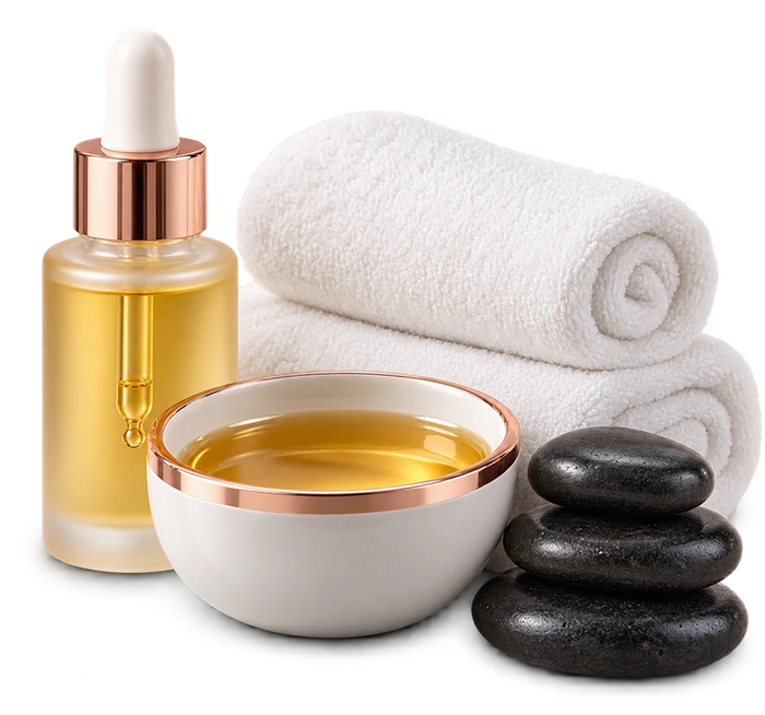 Spa massage oil, warm oil in a bowl, rolled towels and hot stones