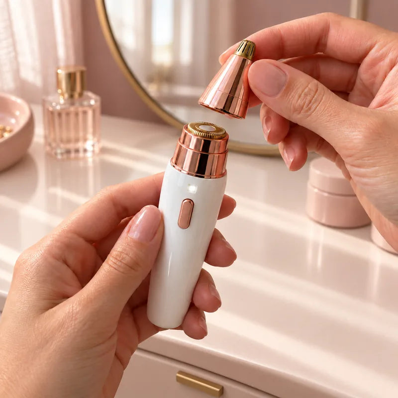 Lifting the rose-gold eyebrow tip off the white 2-in-1 trimmer at a vanity, the facial head showing