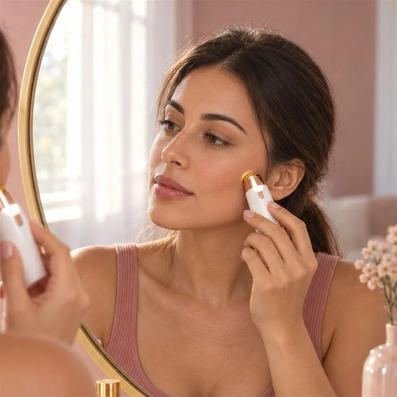 Gliding the 2-in-1 trimmer's facial head over the cheek in front of a mirror