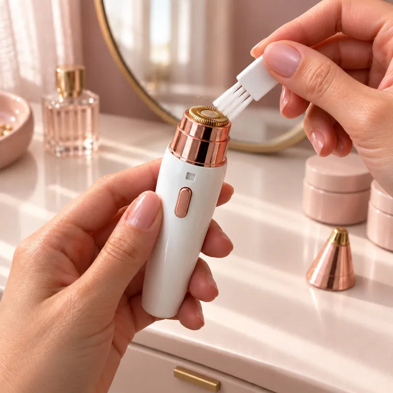 Brushing the facial head clean at a vanity, the eyebrow tip standing beside it