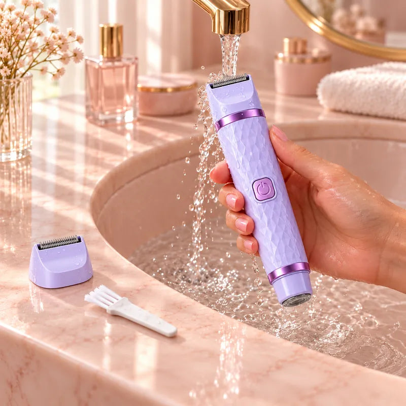 Rinsing the purple bikini trimmer under the tap, its trimming head and a brush on the counter